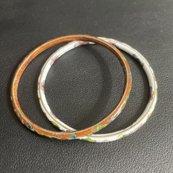 Vintage Cloisonne Floral Bangle Bracelet Set of 2 Enamel White Brown Gold Tone - Picture 3 of 14